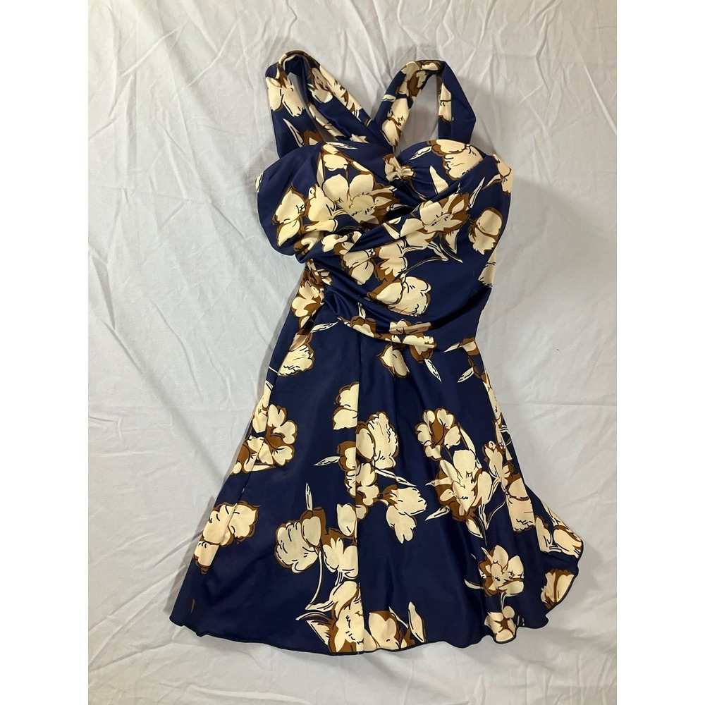 Women  Crossover 1 piece Swimdress Blue Floral Skirted Swimsuit Sz M